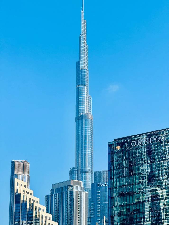 The Burj Khalifa against a blue sky