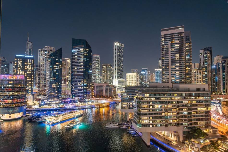 Dubai Marina lit up at night